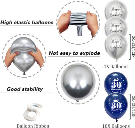 30th Birthday Decoration Set Blue Silver Garland Balloons
