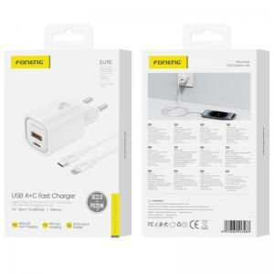 Foneng Ladegerät mit USB-A-Anschluss und USB-C-Anschluss und USB-C-auf-Lightning-Kabel 20 W Power Delivery / Quick Charge 3.0 Weiß (EU70)