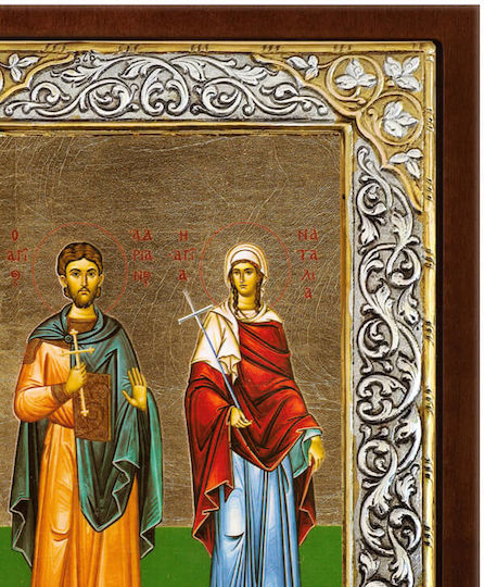 Saint Adrian and Saint Natalia Silver Icon Screen Print 26x20cm