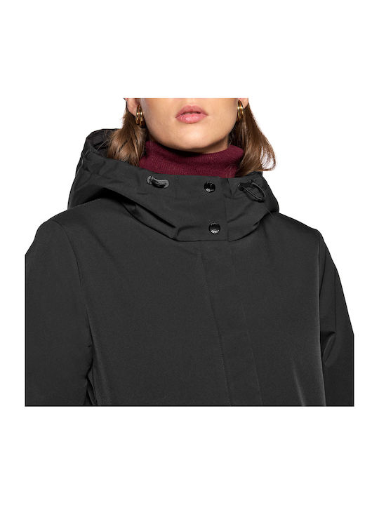 ? No.  not in original. ? I accidentally should give translation only. "?" no.  absent. Romanian: Geacă Parka de Iarnă pentru Femei Black . Black is color should translate Neagră, but title's syntactic: geacă parka neagră de iarnă. Original has Black English; translate. Proper phrase: Geacă Parka de Iarnă pentru Femei Neagră W... maybe Romanian title case. Geacă Parka de Iarnă pentru Femei Neagră awkward. "Geacă Parka de Iarnă pentru Femei, Neagră" punctuation not original. Could say "Geacă Parka Neagră de Iarnă pentru Femei W..." Need no punctuation. Geacă Parka Neagră de Iarnă pentru Femei