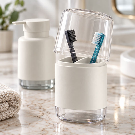 Femmit 2-Piece Bathroom Set Liquid Soap Dispenser & Toothbrush Holder White Minimal
