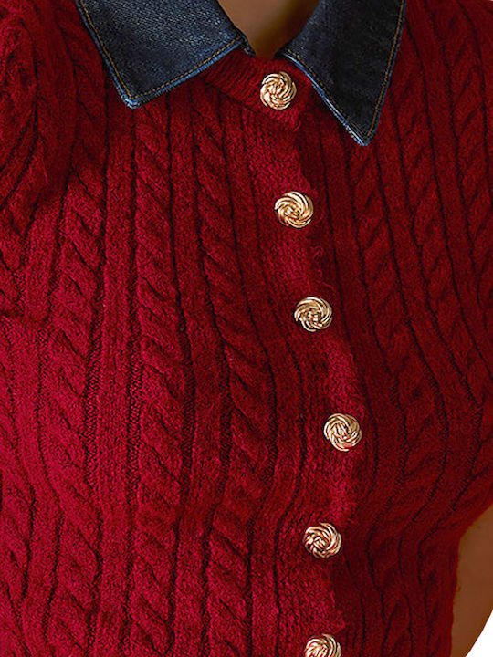 Short Women's Knitted Cardigan with Buttons Burgundy