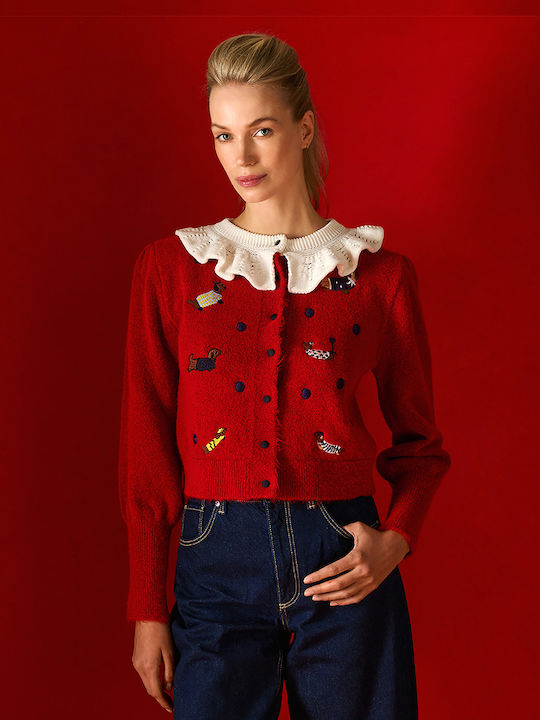 Women's Knitted Cardigan with Buttons Red-White