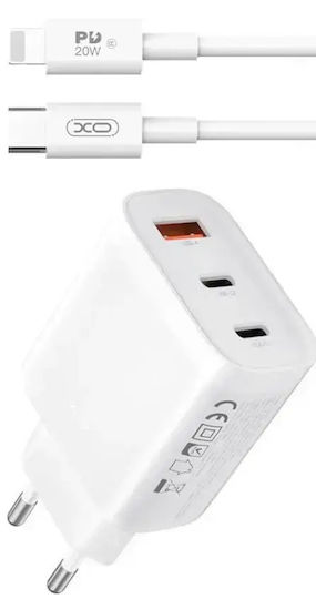 XO Φορτιστής με Θύρα USB-A και 2 Θύρες USB-C και Καλώδιο USB-C - Lightning 45W Power Delivery / Quick Charge 3.0 Λευκός (L117)