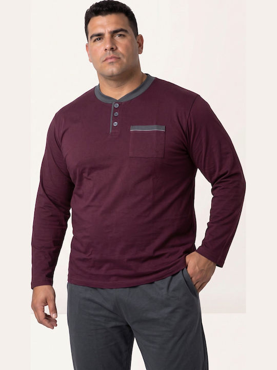 Men’s Plus Size Pyjama Collection Comfort Henley Sweatshirt Greek-Made Burgundy Cl27101-62-Burgundy
