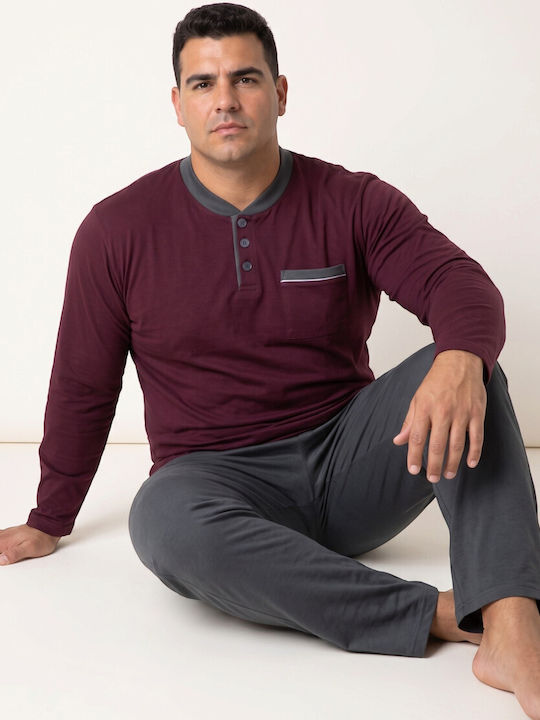 Men’s Plus Size Pyjama Collection Comfort Henley Sweatshirt Greek-Made Burgundy Cl27101-62-Burgundy