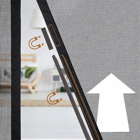 Pet Friendly Door Mosquito Net with Velcro and Magnetic Closure, Black Polyester, 206x102cm