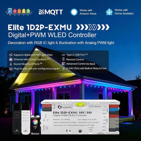 Gledopto Elite 1d2p-exmu Digitaler + PWM-WLED-Controller – Vierkanaliger RGBIC-LED-Controller mit Mikrofon, USB-C, ESP32, Wi-Fi und Ethernet GL-C-620WL