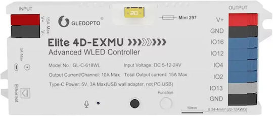Gledopto Elite 4d-exmu Advanced WLED-Controller – Vierkanaliger RGBIC-LED-Controller mit Mikrofon, USB-C, ESP32, Wi-Fi und Ethernet GL-C-618WL