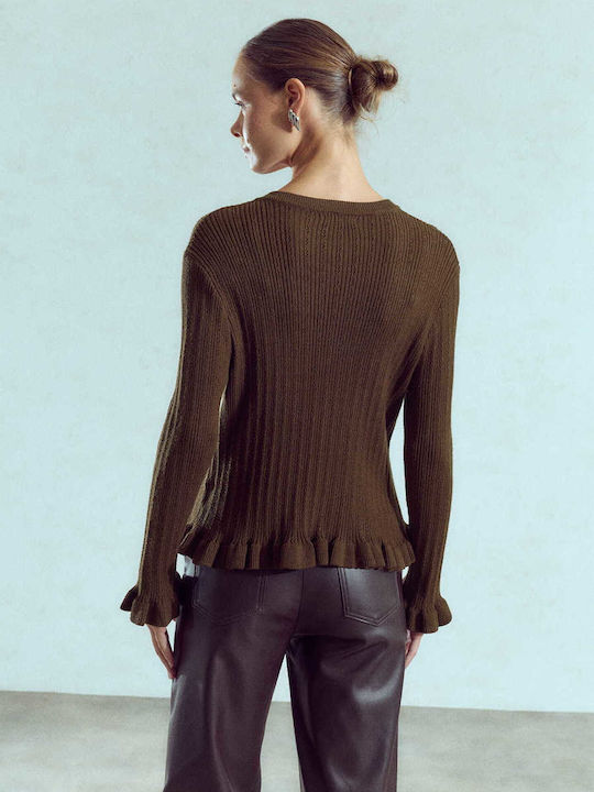Celestino Women's Slim Fit Brown Ruffle Cardigan