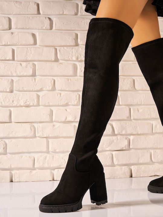 Kanish2 Suede Γυναικείες Μπότες Πάνω από το Γόνατο Μαύρες