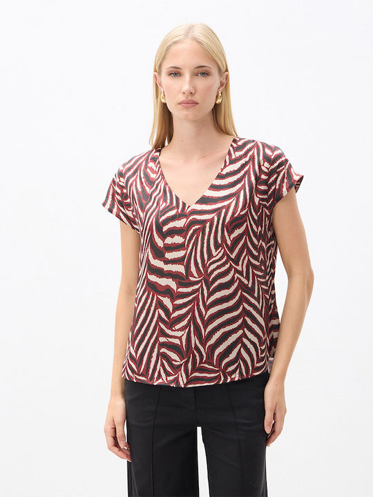 Women's Short-Sleeve Satin Blouse with V-Neck Animal Print Burgundy