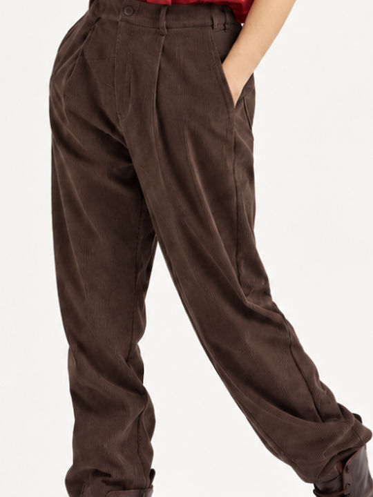 Areli Women's Corduroy Trousers with Elasticated Waist in Relaxed Fit Brown