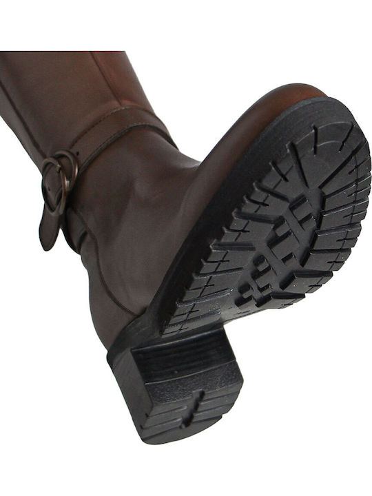 Leather Women's Boots with Medium Heel Brown
