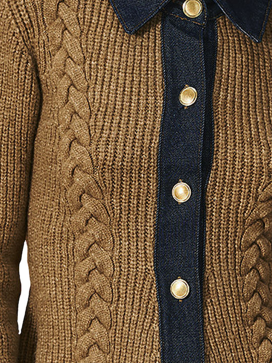 Women's Knitted Cardigan with Buttons Camel-Blue