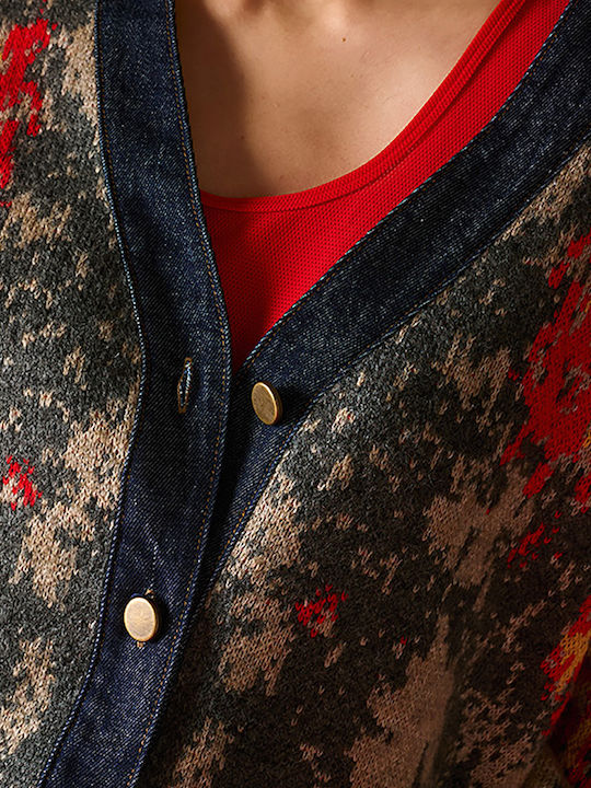 Long Women's Knitted Cardigan with Buttons in Anthracite-Red-Blue