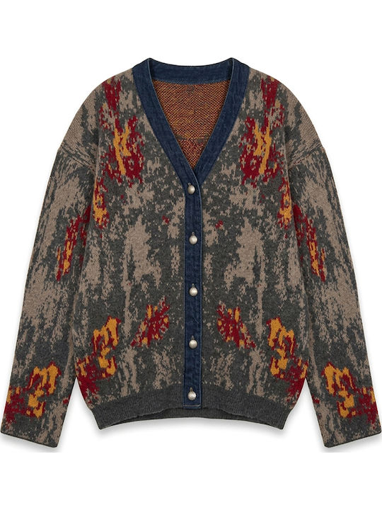 Long Women's Knitted Cardigan with Buttons in Anthracite-Red-Blue