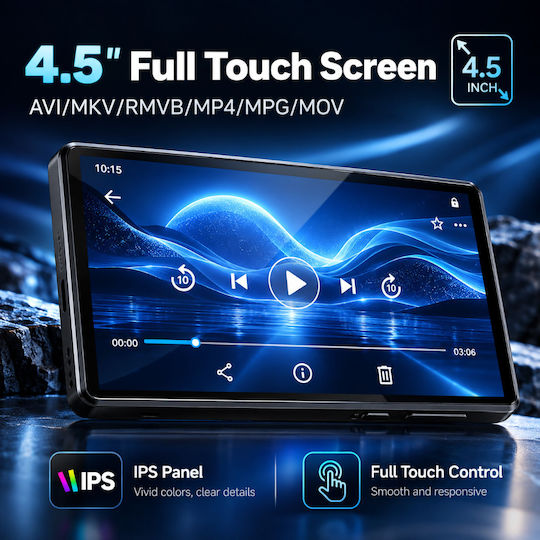 Mp3/mp4 Player Touchscreen 4.5" Display 160gb Memory Supports 1tb Sd Card Bluetooth 2000mah Battery Speaker Hi-fi Sound Fm Radio Usb-c Earphones Case Screen Protector Black