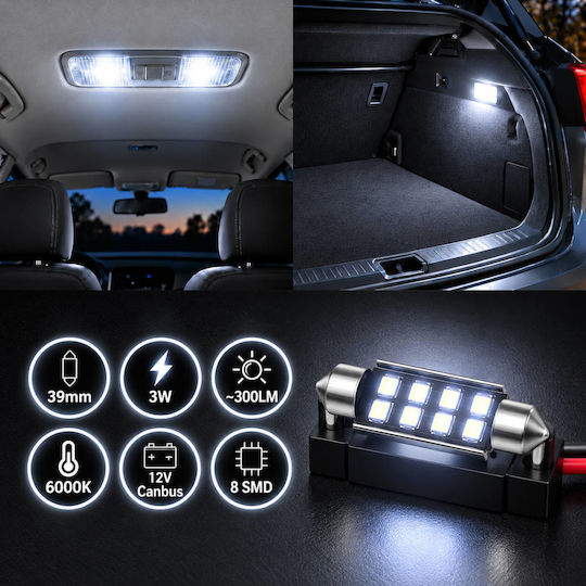 C5W LED Крушка За Плафон 39mm CANBUS 12V 3W 8 SMD 6000K Хладно Бяла 2 Броя Xz