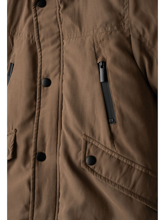 Long Lined Hooded Kids Parka in Tan