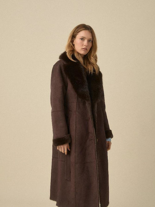 Women's Coat Brown with Fur Details