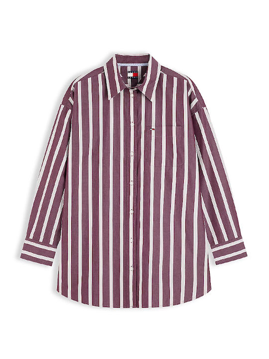 Long Sleeve Women's Cotton Shirt Burgundy Green Pink Striped