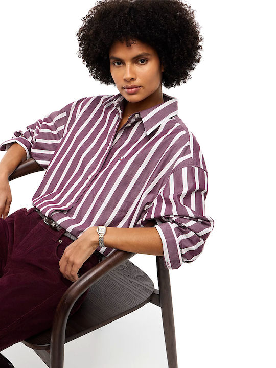Long Sleeve Women's Cotton Shirt Burgundy Green Pink Striped