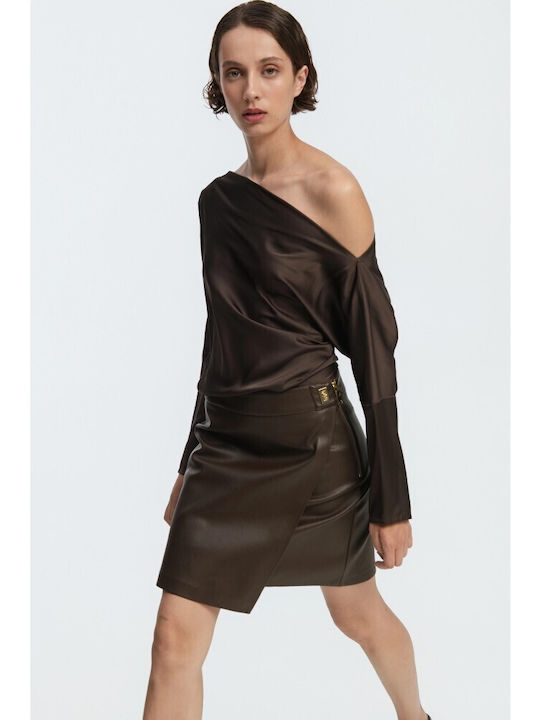 Leather High-Waisted Mini Envelope Skirt Brown