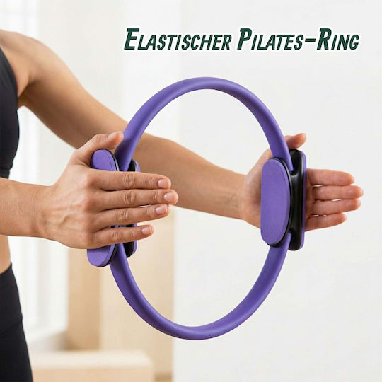 Set Pilates Relaxdays 10054388_51, 6 Piese, Inel Pilates Ø38 Cm, Minge Ø23 Cm, 3 Benzi de Rezistență 15, 25, 35 Lbs (6,8, 11,3, 15,8 Kg), Pompă, Ghid Ilustrat, Violet