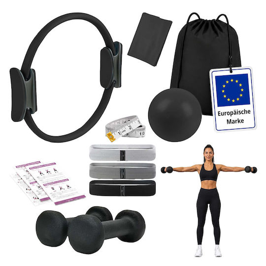 Set Pilates Relaxdays 10054390_46 11 piese Inel de 38 cm Minge de 23 cm 5 benzi scurte 35 x 8 cm Bandă lungă 150 x 15 cm 2 gantere de 1 kg Pompă Geantă neagră