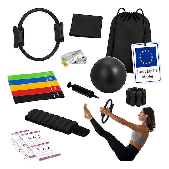 Set Pilates Relaxdays 10054389_46, 13 Piese, Cerc de 38 cm, Minge de 23 cm, 5 Benzi Scurte + 1 Bandă de 150 x 15 cm, Greutăți pentru Glezne de 1 kg, Pompă, Geantă, Manual, Multicolor