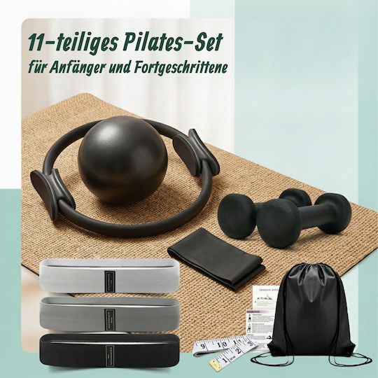 Set Pilates Relaxdays 10054390_46 11 piese Inel de 38 cm Minge de 23 cm 5 benzi scurte 35 x 8 cm Bandă lungă 150 x 15 cm 2 gantere de 1 kg Pompă Geantă neagră