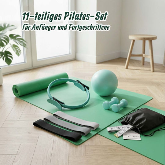 Set Pilates Relaxdays 10054390_53 11 Piese Cerc Pilates Ø38 Cm Minge Ø23 Cm 5 Benzi Scurte de Rezistență Bandă Lungă de Rezistență 150 X 15 Cm 2 Gantere de 1 Kg Geantă Pompă Ruletă Multicolor