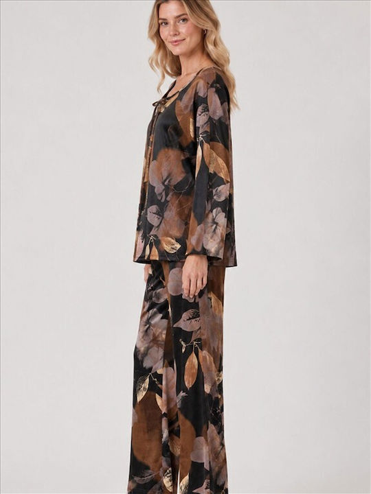 Damenbluse aus braunem Samt mit Blumenmuster B26210-TYP