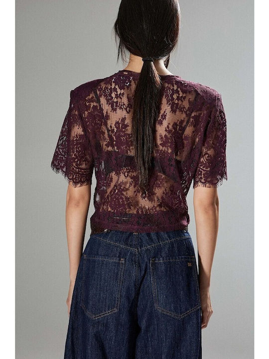 Women's Crop Top with Lace & Mesh Burgundy