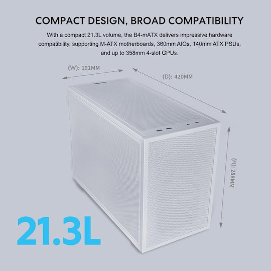 Lian Li DAN B4-mATX Mikro-Tower Computergehäuse Weiß Wood Edition Mesh TG Steel-Fabric Case