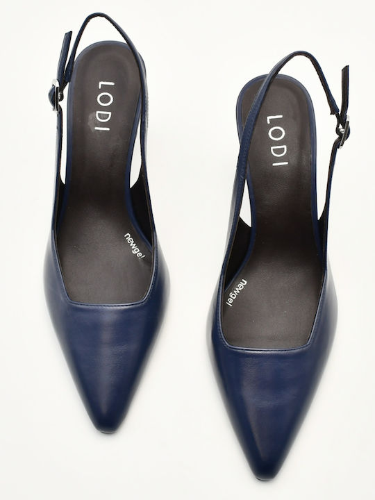Leather Pointed Toe Heels with Strap & Medium Heel Navy Blue