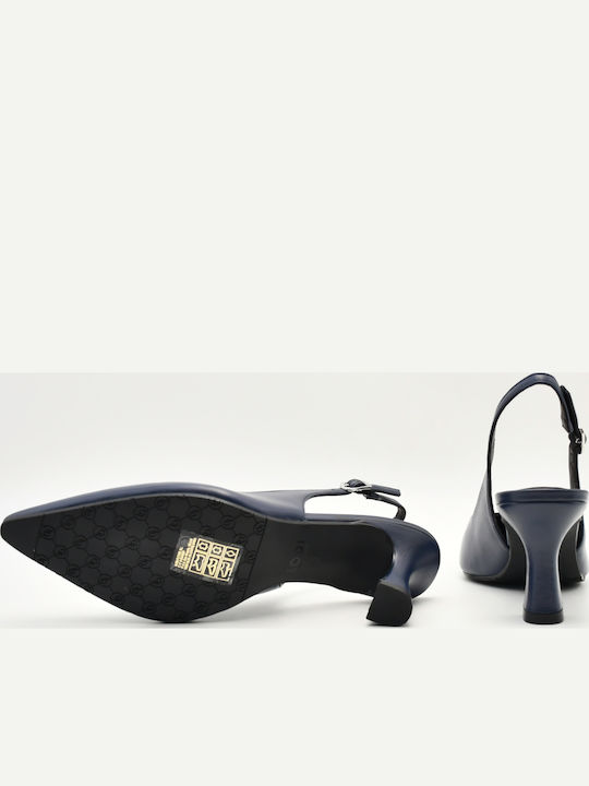 Leather Pointed Toe Heels with Strap & Medium Heel Navy Blue