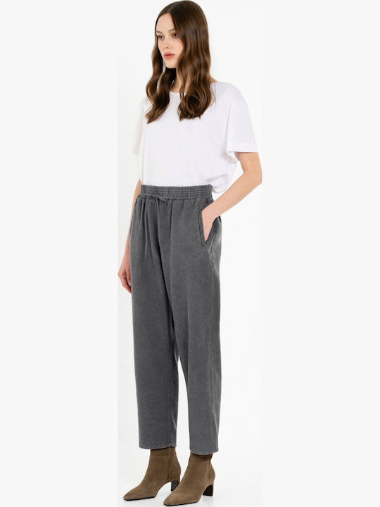 Women's Fabric Trousers with Elastic Waistband Dark Grey