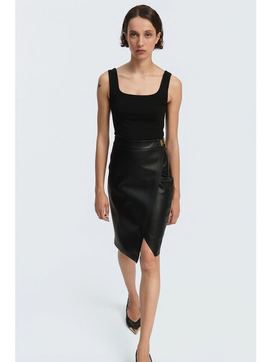 Leather High-Waisted Midi Wrap Skirt Black