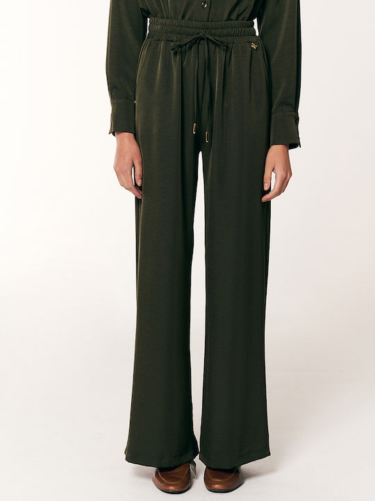 Forel Women's Fabric Trousers with Elastic Waist Khaki