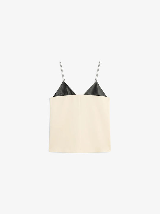 Francine Women's Cropped Satin Top with Straps & Zipper Beige