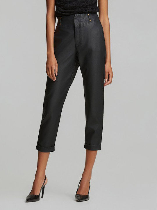 Women's High-Rise Leather Trousers in Baggy Fit Black
