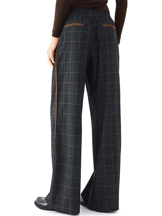 Access Women's High-Waisted Checked Trousers with Elastic Waist Anthracite-Brown