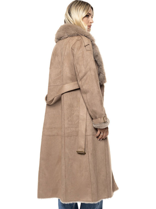 Damenmantel Beige mit Pelzdetails