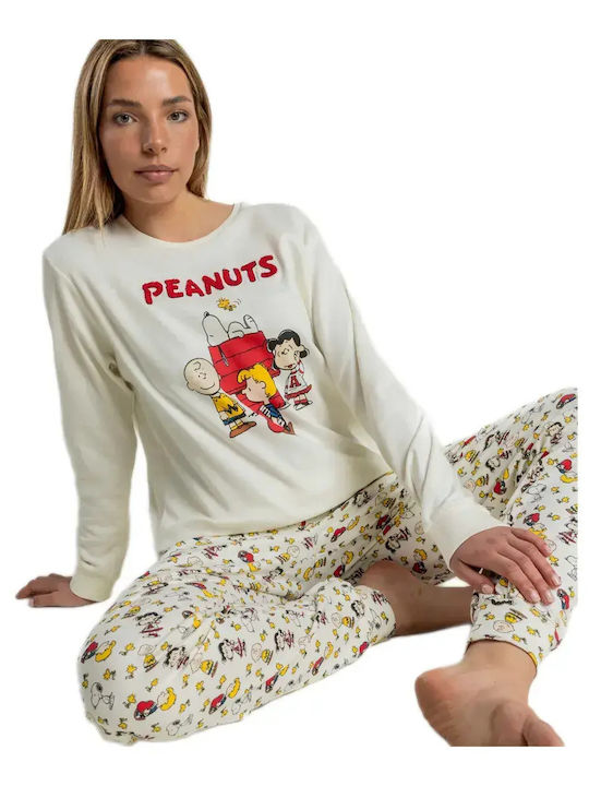 Admas Χειμερινό Γυναικείο Σετ Πιτζάμας Εκρού Peanuts Meet Up