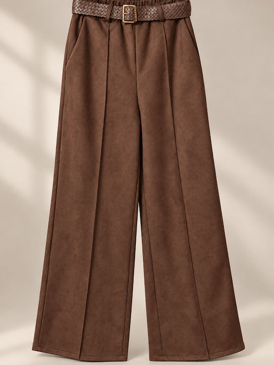 Women's Satin Trousers with Elastic Waist in a Relaxed Fit Brown