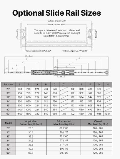 Vevor Heavy-Duty Full-Extension Drawer Slides 85 cm Side-Mount 120.2 kg Ball Bearings 1 Pair Zxcthg265lbsihuvz001v0