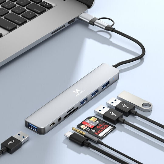 Wozinsky 8-Port USB 3.0 Hub with USB-A / USB-C Connection Grey