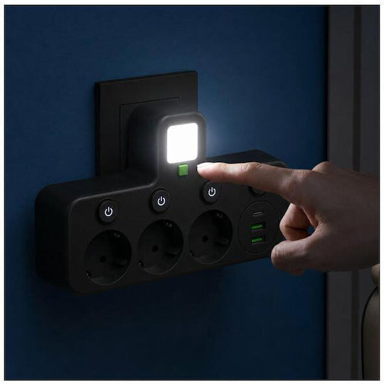 Разклонител с 3 контакта, 2 USB-A, 2 USB-C и Превключвател
